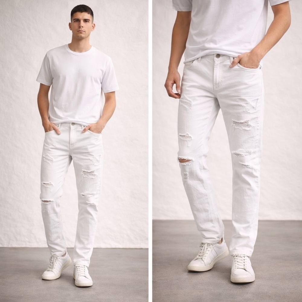 American Eagle Outfitters Men's White Slim Straight Ripped Jeans